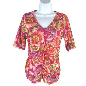 Johnny Was Jade Gloriana Tee Top Small Floral Mesh Ruched V-Neck TP-3670